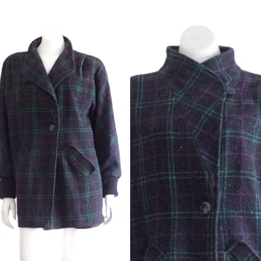 Vintage 1980s Purple and Blue Plaid Coat 