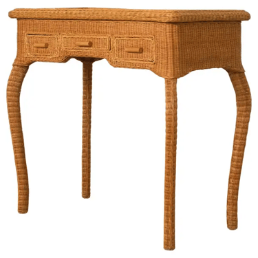 French Midcentury Organic Modern Wicker Flip-Top Vanity Desk