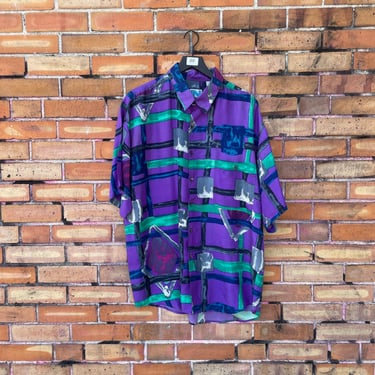 vintage 90s purple silk abstract blouse / xl extra large 