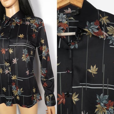 Vintage 70s Disco Blouse Lines And Leaves Polyester Blouse Size S 
