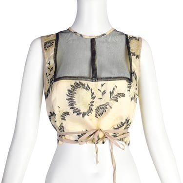 Dries Van Noten Vintage Cream Black Floral Silk Jacquard Cropped Top