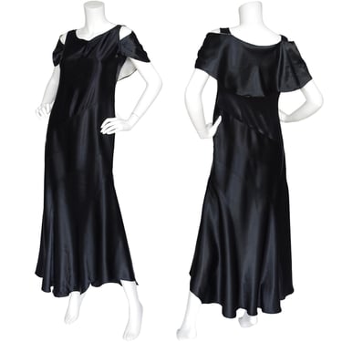 1930s Vintage Evening Dress / Black Silk Satin Capelet Bias Gown Sz S 