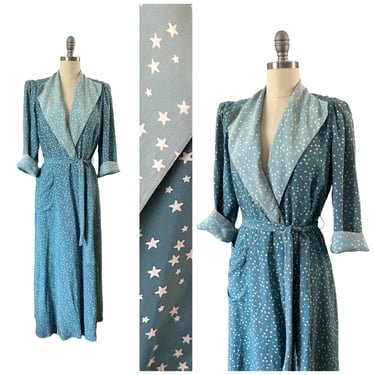 40s Star Print Cold Rayon Dressing Gown / 1940s Vintage Blue Colorblock Maxi Dress / Medium / Size 10 