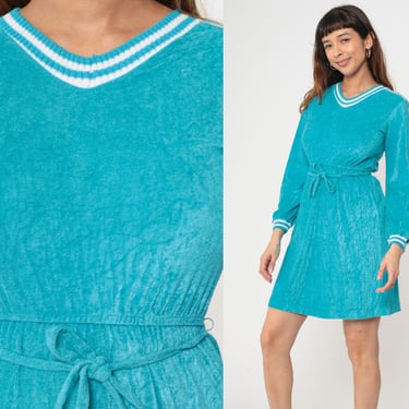 70s Turquoise Terry Cloth Dress V Neck Mini Striped Ringer Dress Long Sleeve High Elastic Waist 1970s Vintage Belted Extra Small xs Junior's 