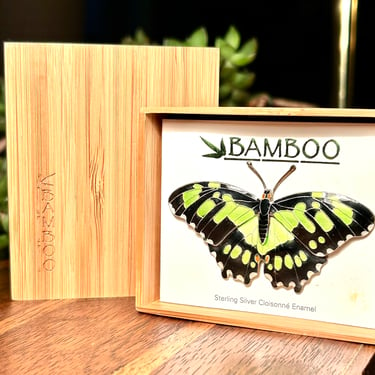 Bamboo Jewelry Malachite Butterfly Brooch Sterling Silver Cloisonné Enamel Pin 
