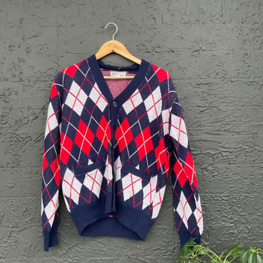 Red and Blue Argyle Pattern Cardigan Sweater