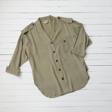 beige green blouse | 80s 90s plus size vintage minimalist greige dark academia style oversized button down shirt 