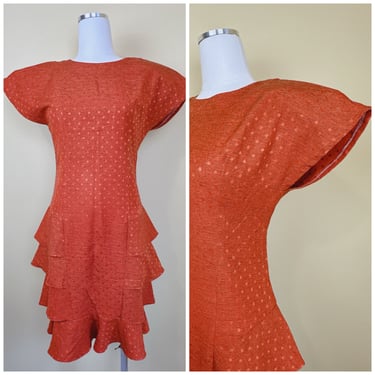 1980s Vintage Rust Rayon Blend Ruffled Dress / 80s Cap Sleeve Polka Dot Brown Wiggle Dress / Size Medium - Large 