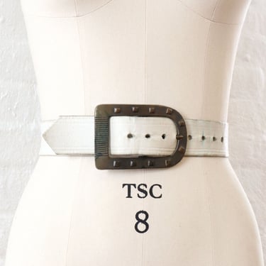 1970s White Leather Chunky Buckle Belt