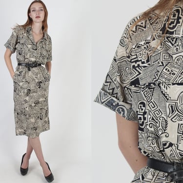 80s Ethnic Tribal Dress Knee Length Dress, Skirt With Pockets, Vintage Easy to Wear Casual Mini 