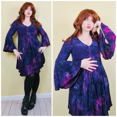 1990s Vintage Purple Tie Dye Island Electric Dress / 90s Rayon Hippie Bell Sleeve Stevie Dress / Small 
