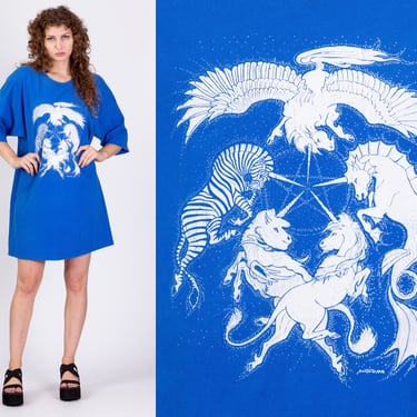90s Fantasy Unicorn Star T Shirt - One Size | Vintage Oversize Blue Art Print Graphic Sleep Shirt 