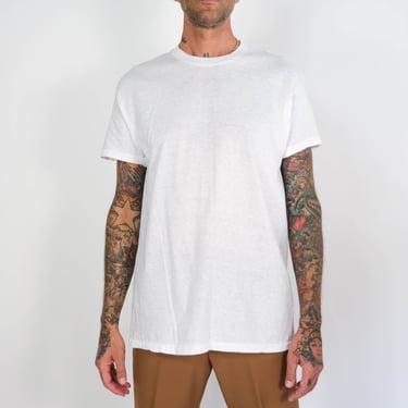 Vintage 70s Hanes Blank White Single Stitch Tee | Made in USA | DEADSTOCK | Size XL | 1970s Paper Thin, Marbled, Cap Greaser, Rocker T-Shirt 