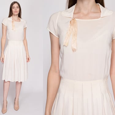XS| 1920s Ivory Collared Drop Waist Dress - Extra Small | Vintage 20s Short Sleeve Bow Pleated Skirt Midi Lawn Day Dress 