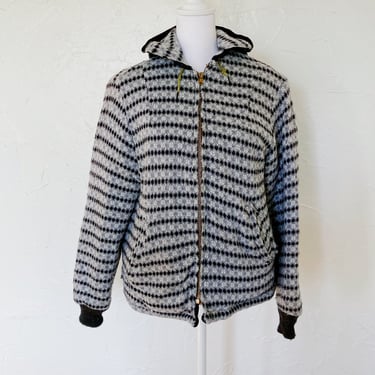 40s Patterned Knit Gray Black and White Handmade Sweater Sportswear Jacket with Black Nylon Hood | 