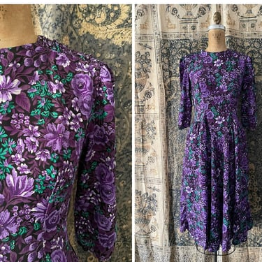 Vintage ‘80s purple floral print dress | Easter, tea dress, garden party, S petite 