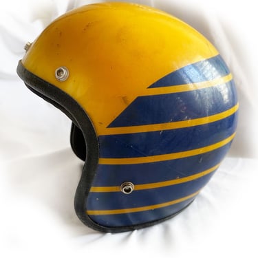 XL Vintage 1970’s BUMBLEBEE Helmet Yellow Blue Stripes RG-9 Open Face Motorcycle Helmet Dirt Bike Men's Adult Extra Large 
