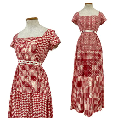 Vtg Vintage 1960s 60s Red Gingham USA Americana Flocked Floral Maxi Dress 