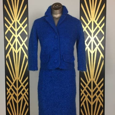 1960s womens suit, 2 piece set, vintage 60s suit, cobalt blue, boucle suit, size xx small, mrs maisel style, mid century fashion, 23 waist 
