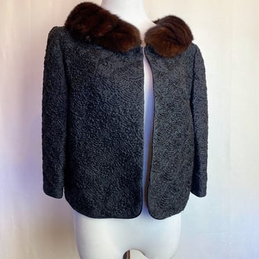 Gorgeous 50’s-60’s black cropped jacket with supple fur collar~ scalloped soutache stitching design~ MCM Saks 5th Ave 1960~ chubby 