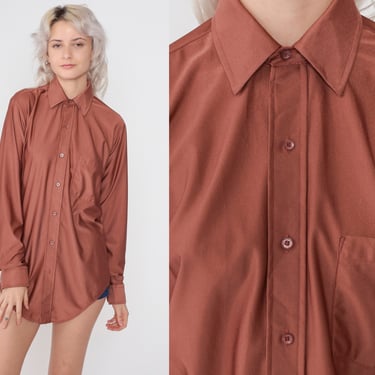 Cocoa Brown Shirt 70s Disco Shirt Button up Dagger Collar Top Long Sleeve Blouse Retro Plain Basic Collared Vintage 1970s Medium 