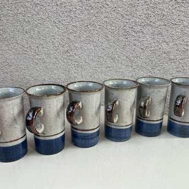 Vintage set 6 tall Irish mugs stoneware ceramic Otagiri Mariner blue brown grey 