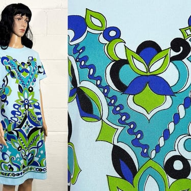 Vintage Mod Dress Geometric Blue Green Geo Short Sleeve Shift Mid-Century Twiggy 70s 1970s 60s 1960s Large 