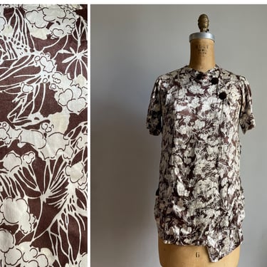 True vintage 1940’s rayon satin blouse | brown & ivory floral or woodland print smock top, XXS - XS 