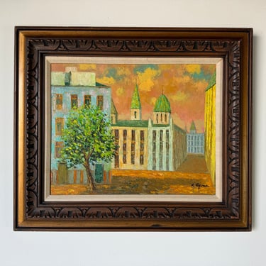 1970's Vintage R. Lafores Cityscape - Street Scene  Oil Painting, Framed 