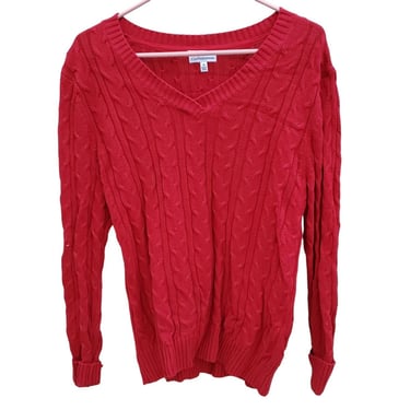 Croft And Barrow Red Cable Knit Sweater Extra Long Sleeves V Neck Medium 