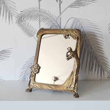 Vintage Mirror, Tabletop, Solid Brass Frame, HEAVY, Nude Woman, Nymph, Art Deco period, circa 30's 