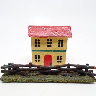 AntiqueToy German House and Twig Fence, Hand Made of Wood and Hand Painted Vintage Erzgebirge Toys 