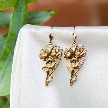 gold flower earrings, Victorian iris earrings, vintage brass earrings, bohemian nature woodland gift for her, statement earrings 