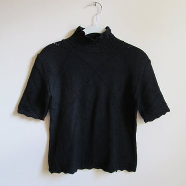 90s Black Ruffle Neck Knit Top S 34 Bust 