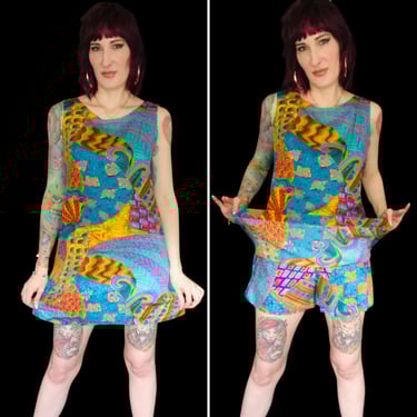 Vintage 1960's Colorful Psychedelic Print Romper Skort Playsuit - size Medium 