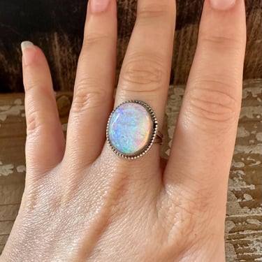 OPAL SUN BEAM Sterling Silver and Lab Opal Ring | Navajo Style Handmade Jewelry, Native American Southwestern | Size 7 1/2 