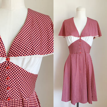 Vintage 1970s Red Gingham Shawl Collar Dress (NWOT) / S 