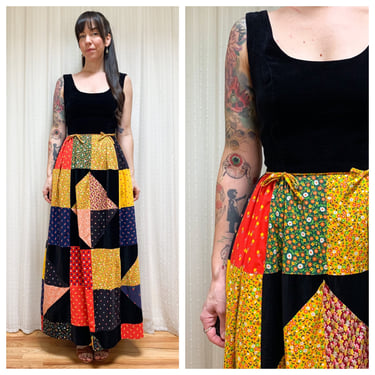 70s unbelievable patchwork and velvet 70s maxi dress 