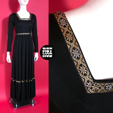 SEXY Renaissance Style Witchy Boho Vintage 70s Black Slinky Long Sleeve Maxi Dress with Metallic Trim 