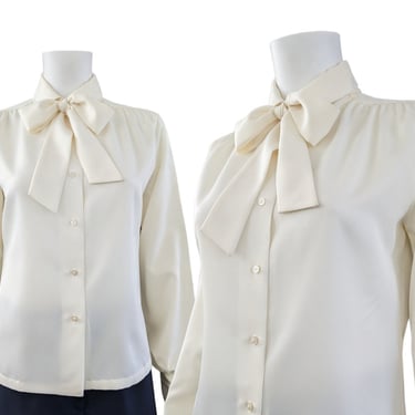 Vintage Pussy Bow Dress Blouse, Small / Cream White Cocktail Blouse / 1970s Mod Button Blouse with Tie Collar 