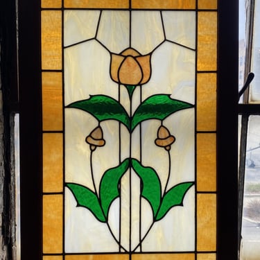 Gold Green and Ivory Stained Glass w Tulip Leaves and Acorn