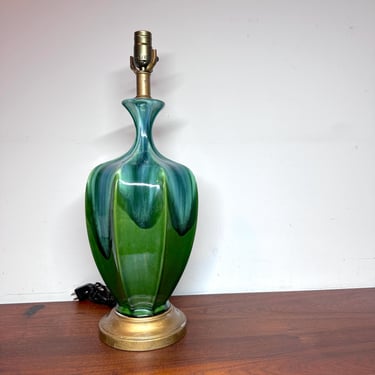 Mid Century Lamp / Ceramic Blue Green Aqua Drip Glaze / Vintage MCM Boho Coastal Hollywood Regency Decor Lamp - Style of Royal Haeger 