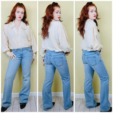 1990s Vintage Levis 518 Superlow Bootcut Jeans / 90s Low Rise Flared Light Wash Pants / Size Medium Waist: 