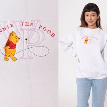 Winnie The Pooh Sweatshirt 90s White Embroidered Walt Disney Sweater Graphic Shirt Cartoon 1990s Vintage Bee Crewneck Kawaii Large L 