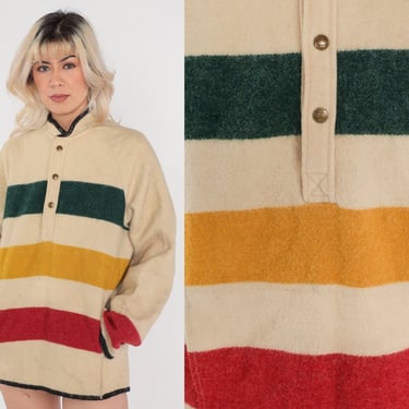 80s Woolrich Striped Wool Jacket Pointe Blanket Shirt Jacket Frontier Pullover Capote Stripe Bohemian Vintage Hudson Bay Cream Medium 