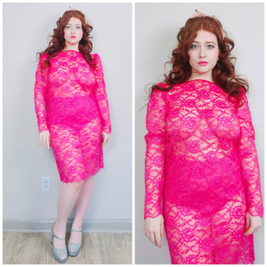 1980s Vintage Hot Pink Lace Shift Dress / 90s Sheer Long Sleeve Floral Puffed Sleeve Dress / Size Large 