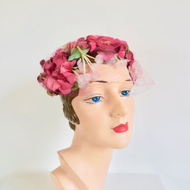 Vintage 1950's Pink and Magenta Silk Flowers Fascinator Mini Hat Veil Spring Summer 50's Millinery Rockabilly Swing 
