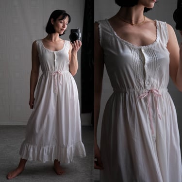 Vintage 80s Queen Anne's Lace by Aileen West Victorian Cotton Buttoned Nightgown w/ Pink Satin Ribbon | Made in India | 1980s Designer Slip 