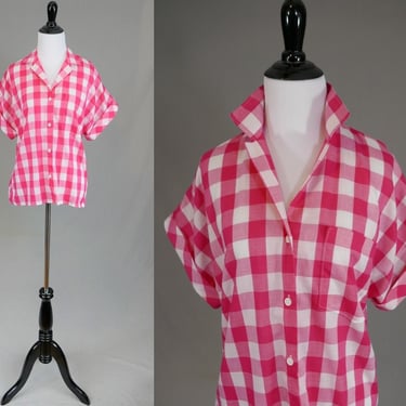80s 90s Pink White Gingham Check Blouse - Cuffed Short Sleeves - Button Front - White Stag - Vintage 1980s 1990s - S 