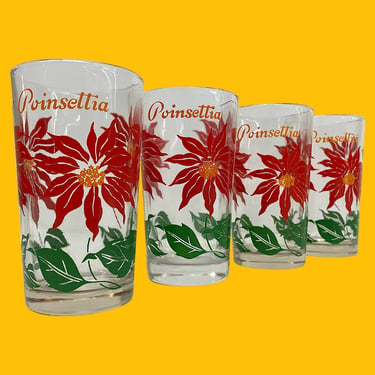 Vintage Poinsettia Glasses Retro 1950s Mid Century Modern + Boscul Peanut Butter + Glass + Red/Orange Flowers  + Set of 4 + Water Tumblers 